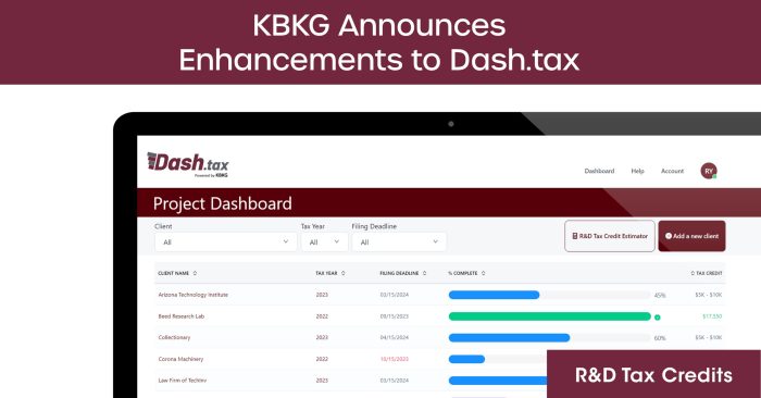 KBKG Announces Enhancements to Dash.tax, Streamlining R&D Tax Credit Claims for CPAs, Startups, and Small Businesses